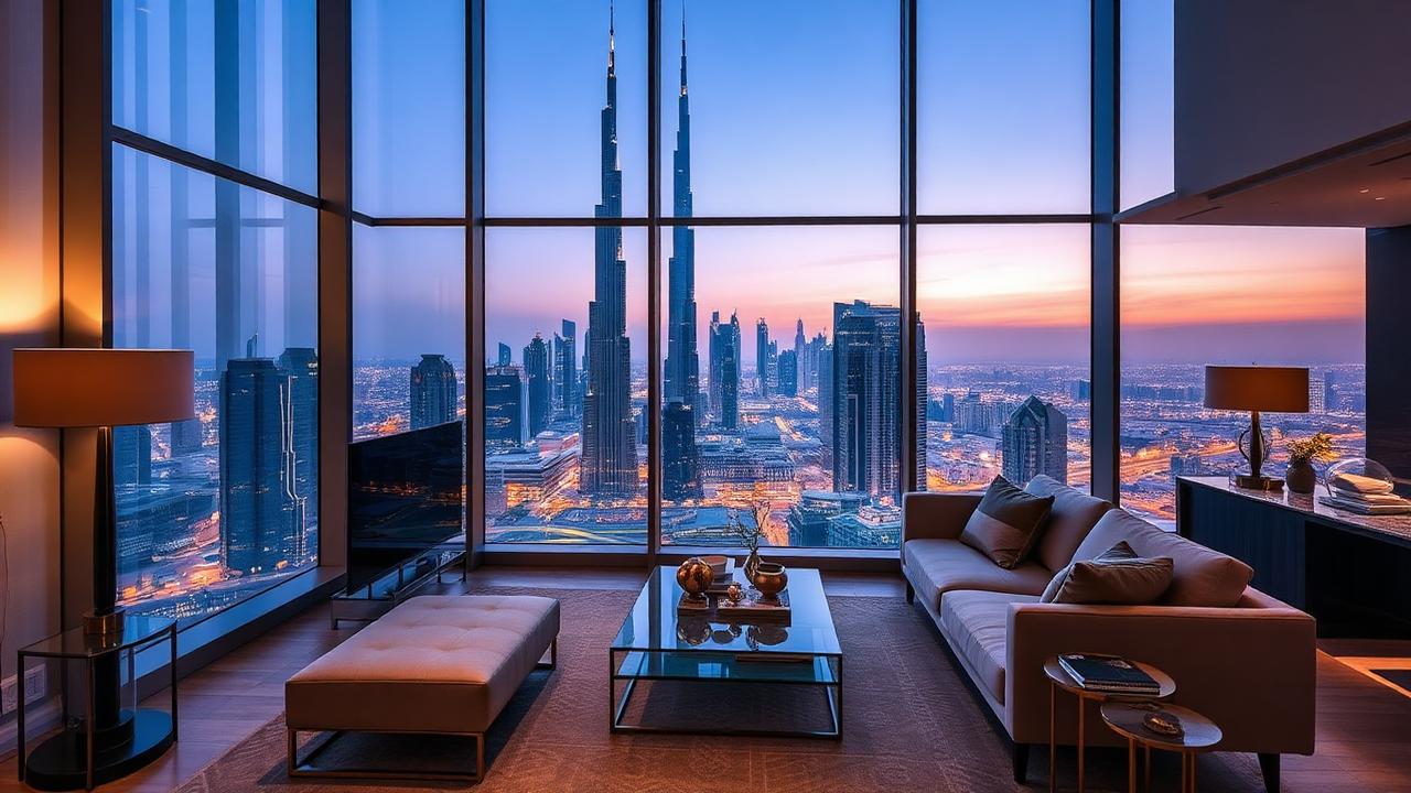 Intérieur d'un appartement de luxe à Dubai avec vue sur le Burj Khalifa