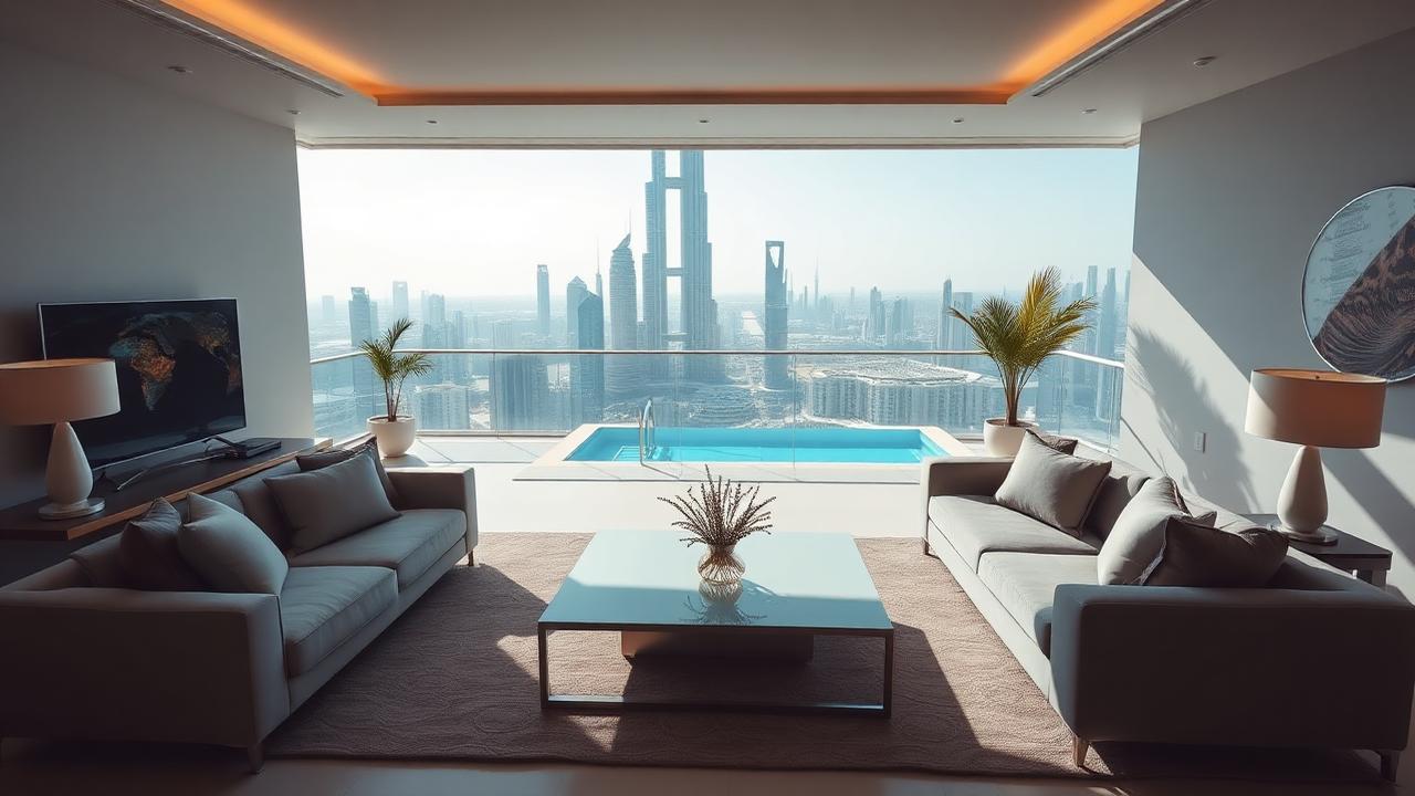 Salon d'un appartement en hauteur à Dubai avec piscine et vue sur la skyline
